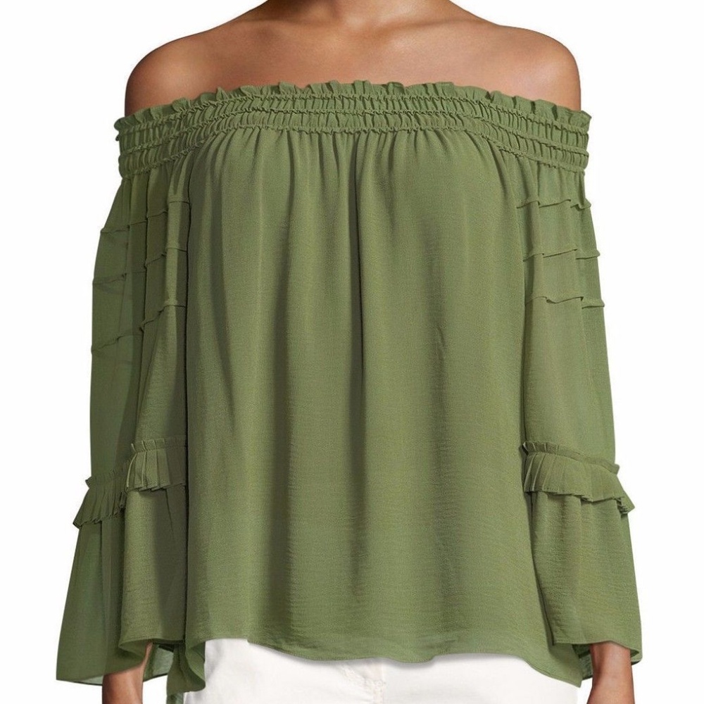 Max Studio Chiffon Off‎ Shoulder Bell Sleeve Top Olive Green Size S NWT